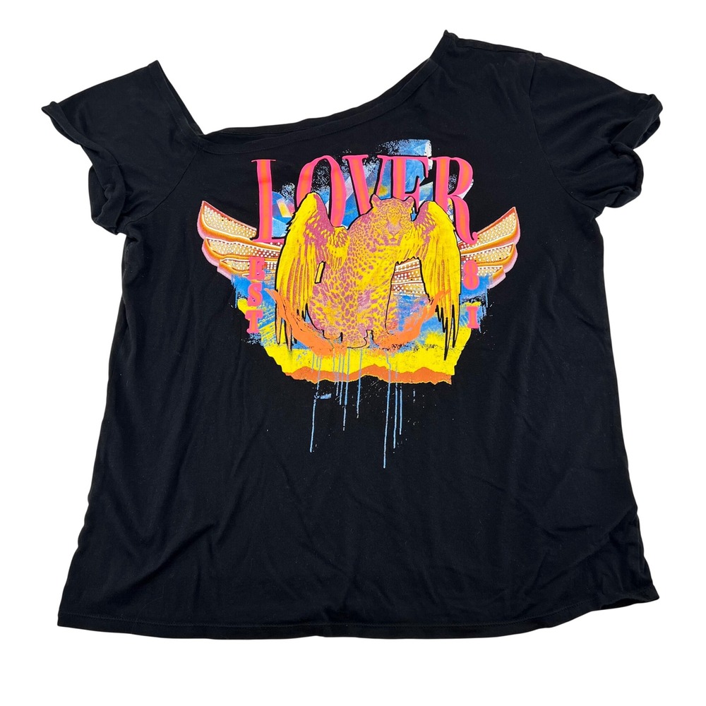 Guess Womens Lover Leopard Wing Graphic Rhinestone Off Shoulder Black Tee L